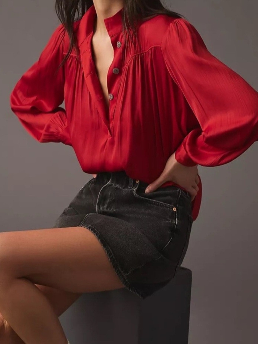 Anthropologie Red Satin Pleated Button Popover Blouse